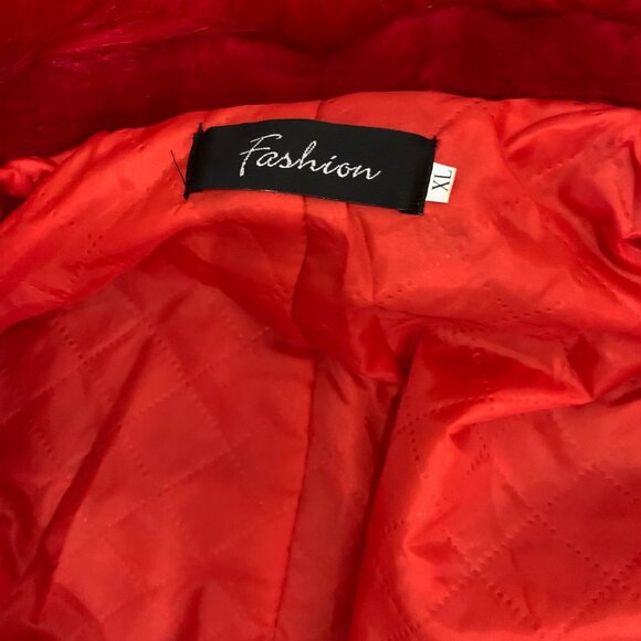 Red Faux Fur Long Coat + Sheer Tulle Open Skirt Overlay For Women Size XL - Picture 4 of 7